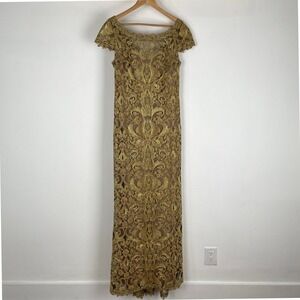Tadashi Shoji Gold Lace Damask Gown Cap Sleeve ALX1812LY Womens 12 (FLAWS